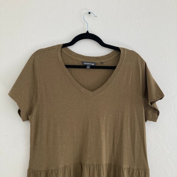 Toad&Co Primo Tiered Midi Short Sleeve Dress Brown Green Cotton Outdoors Large - Picture 3 of 10